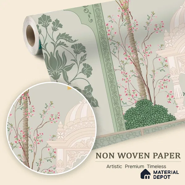 Ornamental Courtyard Pichwai | WP 04188 Non Woven Matte Finish Indian Style Premium Customized size Wallpaper | 150 GSM WP01MTF Paper | (MOQ = 30 Sq. Ft.)