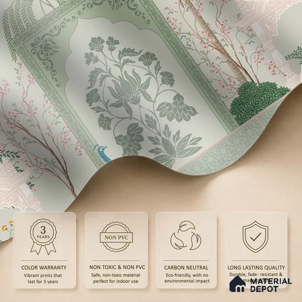 Ornamental Courtyard Pichwai | WP 04188 B Canvas Texture Finish Indian Style luxurious Customized size Wallpaper | 250 GSM WP01CNF Paper | (MOQ = 30 Sq. Ft.)