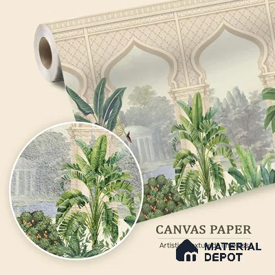 Whispering Garden Arches Silk Thread Gulbahar Print | WP 04189 B Canvas Texture Finish Indian Style luxurious Customized size Wallpaper | 250 GSM WP01CNF Paper | (MOQ = 30 Sq. Ft.)