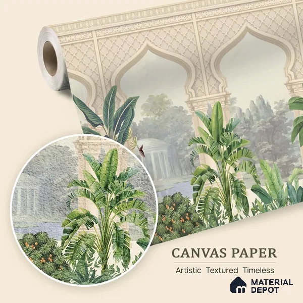 Whispering Garden Arches Silk Thread Gulbahar Print | WP 04189 B Canvas Texture Finish Indian Style luxurious Customized size Wallpaper | 250 GSM WP01CNF Paper | (MOQ = 30 Sq. Ft.)