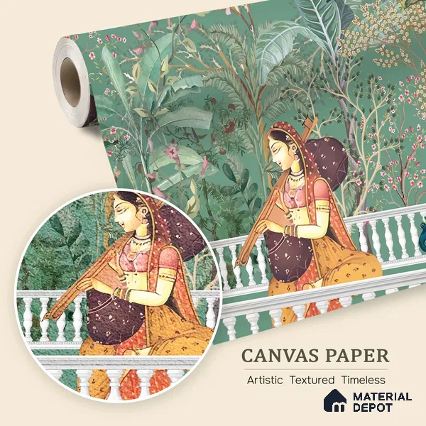 Melody in the Palace Garden Mandala | WP 04191 B Canvas Texture Finish Indian Style luxurious Customized size Wallpaper | 250 GSM WP01CNF Paper | (MOQ = 30 Sq. Ft.)
