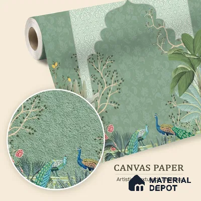 Garden Beyond the Arch Royal Mughal Floral Motif | WP 04194 B Canvas Texture Finish Indian Style luxurious Customized size Wallpaper | 250 GSM WP01CNF Paper | (MOQ = 30 Sq. Ft.)