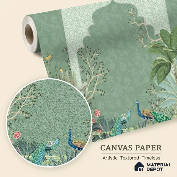 Garden Beyond the Arch Royal Mughal Floral Motif | WP 04194 B Canvas Texture Finish Indian Style luxurious Customized size Wallpaper | 250 GSM WP01CNF Paper | (MOQ = 30 Sq. Ft.)