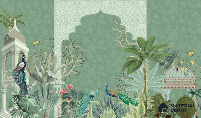Garden Beyond the Arch Royal Mughal Floral Motif | WP 04194 B Canvas Texture Finish Indian Style luxurious Customized size Wallpaper | 250 GSM WP01CNF Paper | (MOQ = 30 Sq. Ft.)