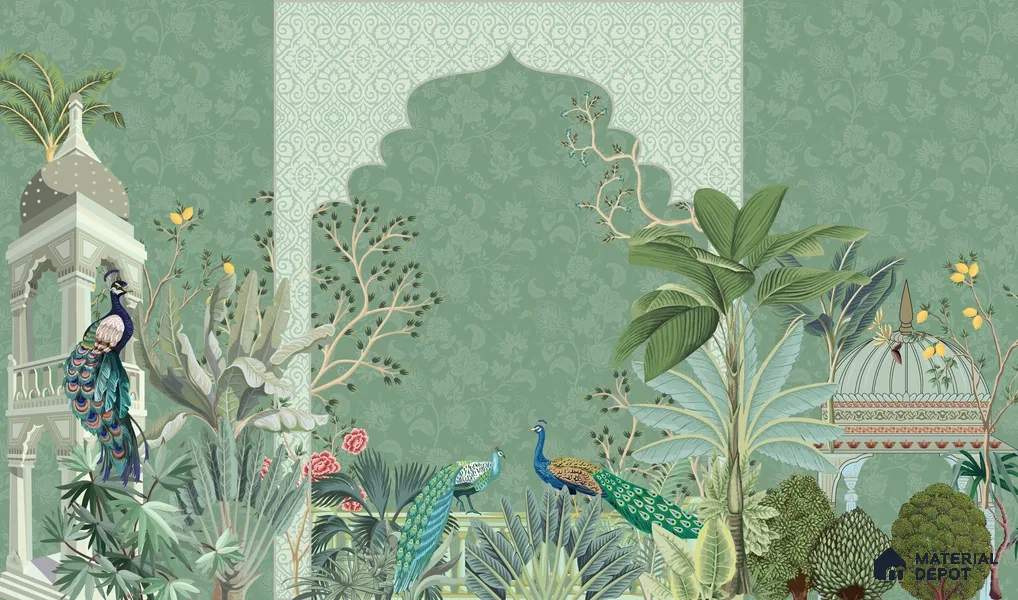 Garden Beyond the Arch Royal Mughal Floral Motif | WP 04194 B Canvas Texture Finish Indian Style luxurious Customized size Wallpaper | 250 GSM WP01CNF Paper | (MOQ = 30 Sq. Ft.)