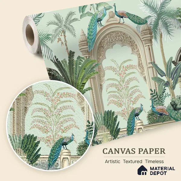 Peacocks of the Inner Court | WP 04196 B Canvas Texture Finish Indian Style luxurious Customized size Wallpaper | 250 GSM WP01CNF Paper | (MOQ = 30 Sq. Ft.)