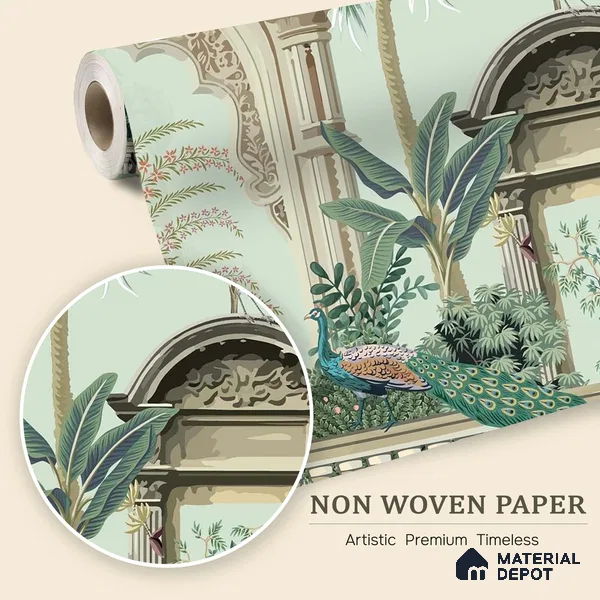 Peacocks of the Inner Court | WP 04196 Non Woven Matte Finish Indian Style Premium Customized size Wallpaper | 150 GSM WP01MTF Paper | (MOQ = 30 Sq. Ft.)