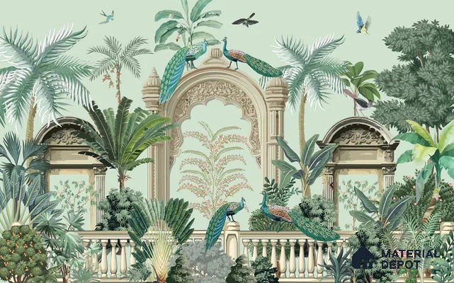 Peacocks of the Inner Court | WP 04196 Non Woven Matte Finish Indian Style Premium Customized size Wallpaper | 150 GSM WP01MTF Paper | (MOQ = 30 Sq. Ft.)