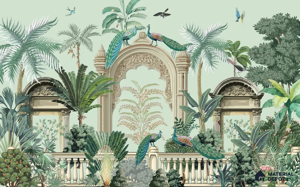 Peacocks of the Inner Court | WP 04196 Non Woven Matte Finish Indian Style Premium Customized size Wallpaper | 150 GSM WP01MTF Paper | (MOQ = 30 Sq. Ft.)