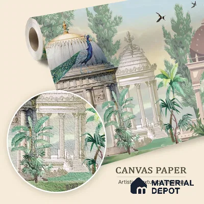 Garden Beneath the Birds | WP 04198 B Canvas Texture Finish Indian Style luxurious Customized size Wallpaper | 250 GSM WP01CNF Paper | (MOQ = 30 Sq. Ft.)