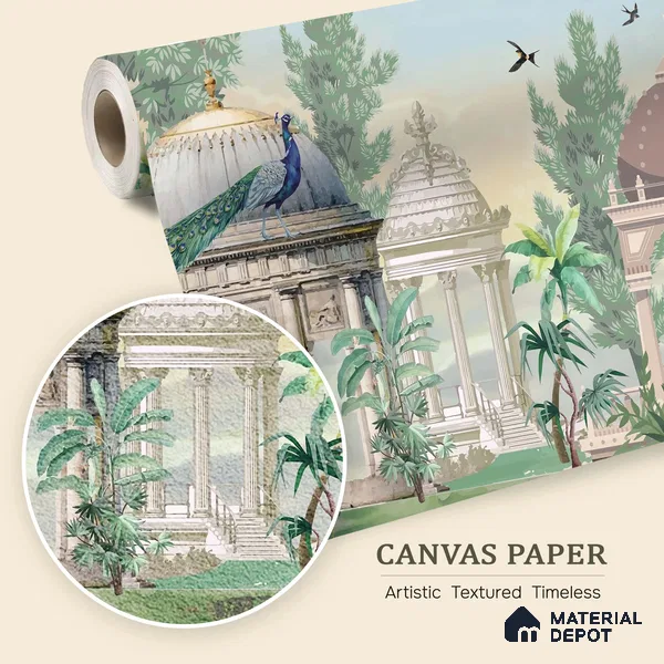 Garden Beneath the Birds | WP 04198 B Canvas Texture Finish Indian Style luxurious Customized size Wallpaper | 250 GSM WP01CNF Paper | (MOQ = 30 Sq. Ft.)