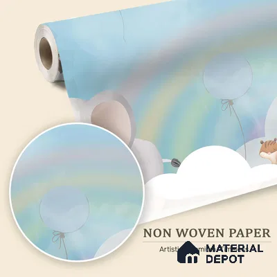 Over the Rainbow Clouds Animals Sitting On Clouds | WP 04200 B Non Woven Matte Finish Animal Print Style Premium Customized size Wallpaper | 150 GSM WP01MTF Paper | (MOQ = 30 Sq. Ft.) | Design change not possible