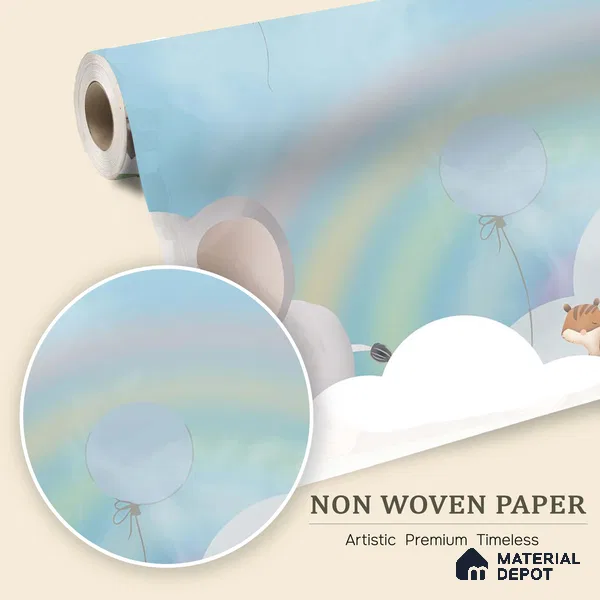 Over the Rainbow Clouds Animals Sitting On Clouds | WP 04200 B Non Woven Matte Finish Animal Print Style Premium Customized size Wallpaper | 150 GSM WP01MTF Paper | (MOQ = 30 Sq. Ft.) | Design change not possible