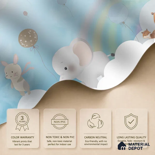 Over the Rainbow Clouds Animals Sitting On Clouds | WP 04200 B Non Woven Matte Finish Animal Print Style Premium Customized size Wallpaper | 150 GSM WP01MTF Paper | (MOQ = 30 Sq. Ft.) | Design change not possible