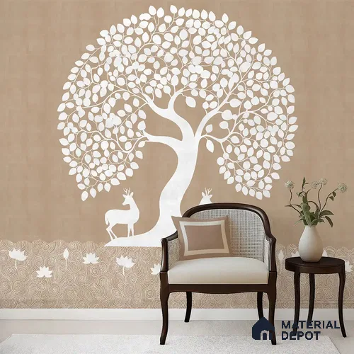 Beige Pichwai Tree of Life Handmade Wallpaper for Pooja and Living Rooms