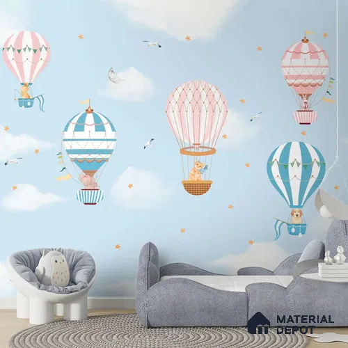 Hot Air Balloons with Animals Handmade Wallpaper in Blue Color for Kids Room Walls