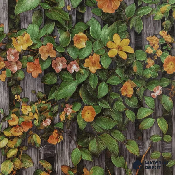 170-52 | Orange Blossom Grey Fence Floral Wallpaper - 9.6 Meter x 20.87 Inches, 54.77 Sq. Ft. (Min. 15% Wastage)