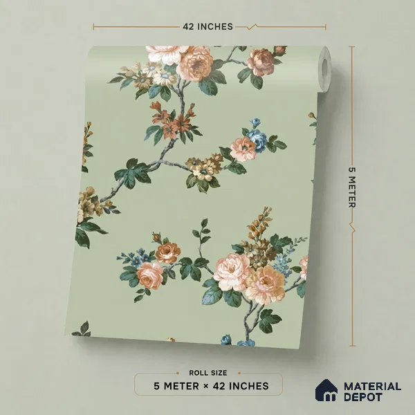 74054-3 | Green Rose Vine Floral Wallpaper - 5 Meter x 42 Inches, 57 Sq. Ft. (Min. 15% Wastage)