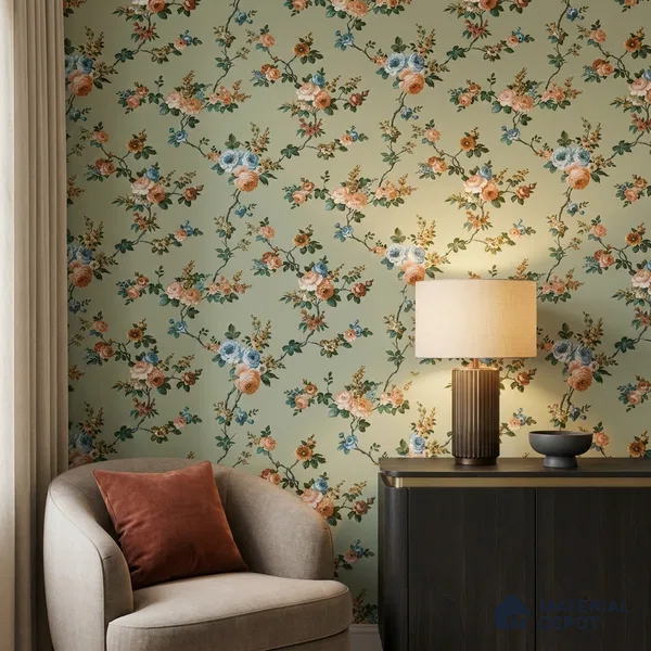74054-3 | Green Rose Vine Floral Wallpaper - 5 Meter x 42 Inches, 57 Sq. Ft. (Min. 15% Wastage)