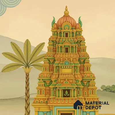 Gopuram Vatika Handmade Wallpaper in South Indian Style, Customised