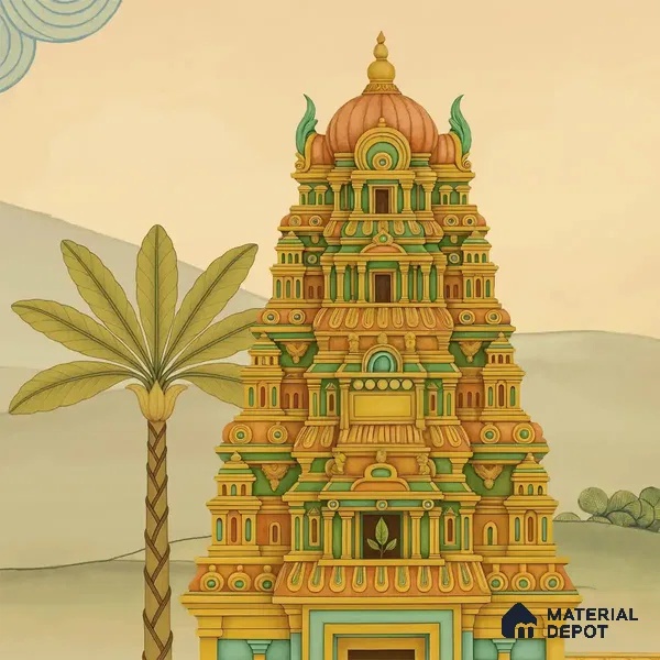 Gopuram Vatika Handmade Wallpaper in South Indian Style, Customised