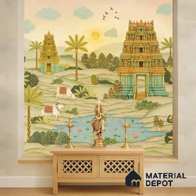 Gopuram Vatika Sandstone Wallpaper in South Indian Style, Customised