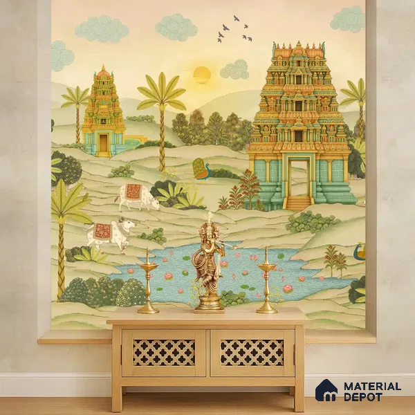 Gopuram Vatika Sandstone Wallpaper in South Indian Style, Customised