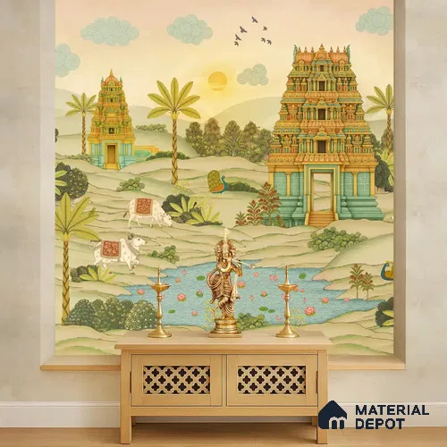 Gopuram Vatika Canvas Wallpaper in South Indian Style, Customised