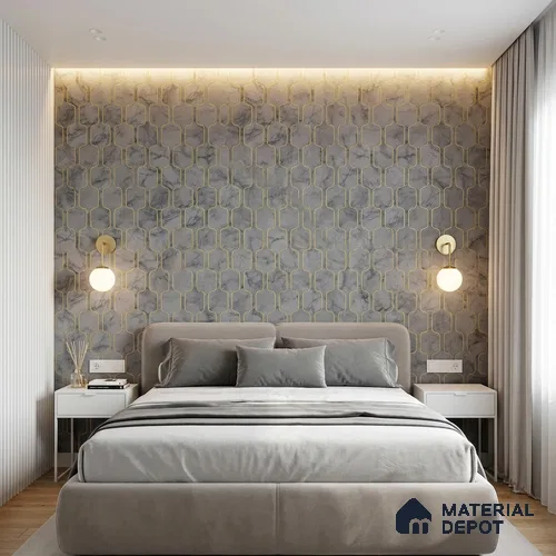 MH 249 | Grey & Gold Hexagon Marble Trellis Patterned Wallpaper - 10 Meter x 21 Inches, 57.37 Sq. Ft.