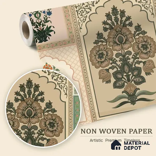 Blossoms and vines weave heritage into wallpapered walls of regal serenity | WP 05236 B Non Woven | 150 GSM WP01MTF Paper | (MOQ = 30 Sq. Ft.)