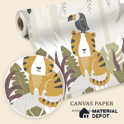 Cute Tropical Jungle Friends Wallpaper in a Playful Leafy Wonderland | WP 05238 Canvas | 250 GSM WP01CNF Paper | (MOQ = 30 Sq. Ft.)