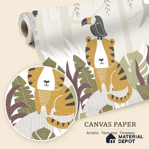 Cute Tropical Jungle Friends Wallpaper in a Playful Leafy Wonderland | WP 05238 Canvas | 250 GSM WP01CNF Paper | (MOQ = 30 Sq. Ft.)
