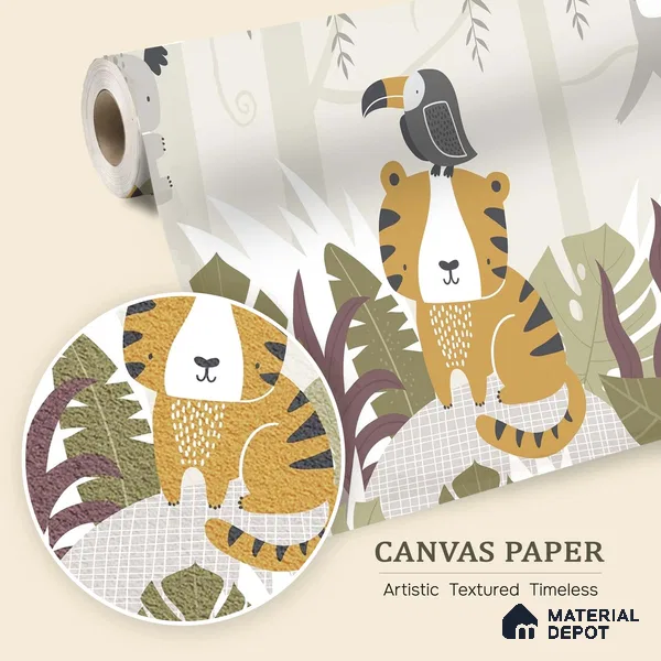 Cute Tropical Jungle Friends Wallpaper in a Playful Leafy Wonderland | WP 05238 Canvas | 250 GSM WP01CNF Paper | (MOQ = 30 Sq. Ft.)