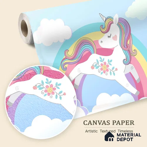 Rainbow Unicorn Wallpaper Jumping Through Soft Clouds and Magical Skies | WP 05239 Canvas | 250 GSM WP01CNF Paper | (MOQ = 30 Sq. Ft.)