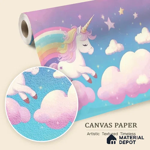 Cartoon Pegasus Unicorn Wallpaper in a Sweet Fairy Tale Dreamland | WP 05240 Canvas | 250 GSM WP01CNF Paper | (MOQ = 30 Sq. Ft.)
