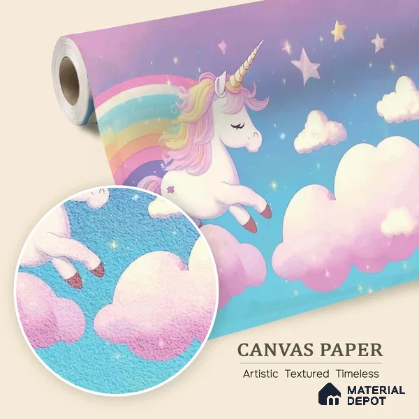 Cartoon Pegasus Unicorn Wallpaper in a Sweet Fairy Tale Dreamland | WP 05240 Canvas | 250 GSM WP01CNF Paper | (MOQ = 30 Sq. Ft.)