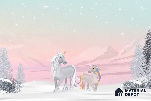 Winter Holiday Scene Wallpaper with a Magical Unicorn in Falling Snow | WP 05243 Canvas | 250 GSM WP01CNF Paper | (MOQ = 30 Sq. Ft.)