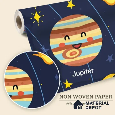 Cute Cartoon Planets and Sun Wallpaper Learning Space Print for Kids | WP 05244 B Non Woven | 150 GSM WP01MTF Paper | (MOQ = 30 Sq. Ft.)
