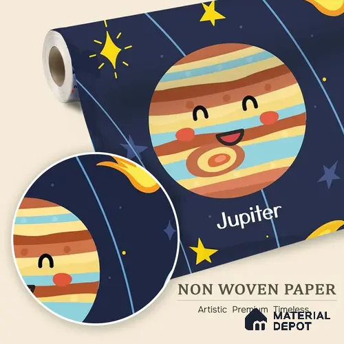 Cute Cartoon Planets and Sun Wallpaper Learning Space Print for Kids | WP 05244 B Non Woven | 150 GSM WP01MTF Paper | (MOQ = 30 Sq. Ft.)