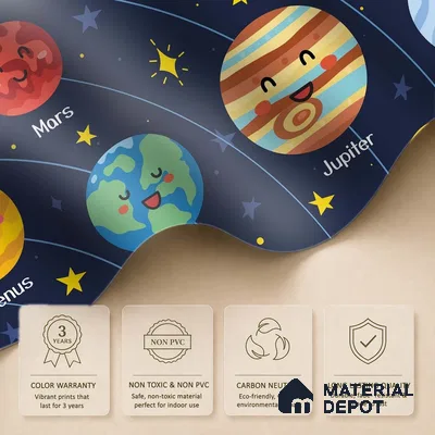 Cute Cartoon Planets and Sun Wallpaper Learning Space Print for Kids | WP 05244 Canvas | 250 GSM WP01CNF Paper | (MOQ = 30 Sq. Ft.)