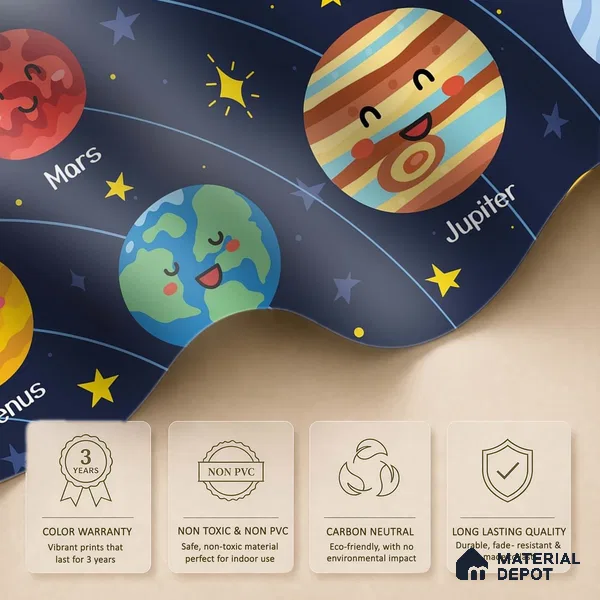 Cute Cartoon Planets and Sun Wallpaper Learning Space Print for Kids | WP 05244 Canvas | 250 GSM WP01CNF Paper | (MOQ = 30 Sq. Ft.)