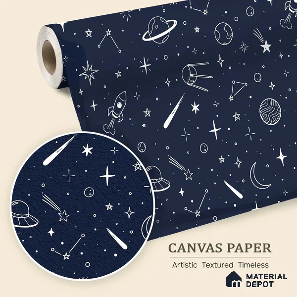 Hand-Drawn Doodle Sketch of Stars Wallpaper Planets and Galaxy Wonders | WP 05245 Canvas | 250 GSM WP01CNF Paper | (MOQ = 30 Sq. Ft.)