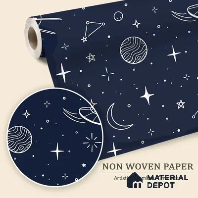 Hand-Drawn Doodle Sketch of Stars Wallpaper Planets and Galaxy Wonders | WP 05245 B Non Woven | 150 GSM WP01MTF Paper | (MOQ = 30 Sq. Ft.)