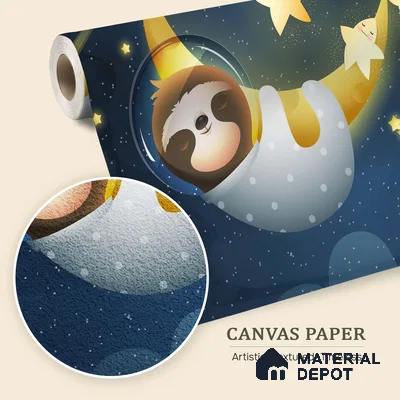 Cute Sloth Sleeping Peacefully on a Golden Moon Wallpaper Under Stars | WP 05248 Canvas | 250 GSM WP01CNF Paper | (MOQ = 30 Sq. Ft.)