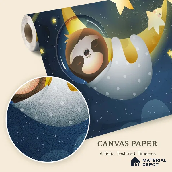 Cute Sloth Sleeping Peacefully on a Golden Moon Wallpaper Under Stars | WP 05248 Canvas | 250 GSM WP01CNF Paper | (MOQ = 30 Sq. Ft.)