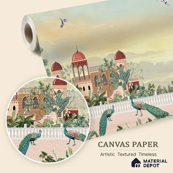 Majestic Mughal Garden Landscape Wallpaper with Regal Arches and Heritage Art | WP 05249 Canvas | 250 GSM WP01CNF Paper | (MOQ = 30 Sq. Ft.)