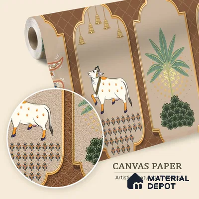 Sacred Pichwai Cow Wallpaper with Divine Balaji Motifs and Traditional Detailing | WP 05250 Canvas | 250 GSM WP01CNF Paper | (MOQ = 30 Sq. Ft.)