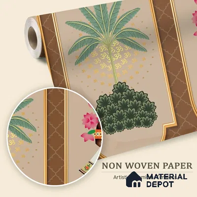 Sacred Pichwai Cow Wallpaper with Divine Balaji Motifs and Traditional Detailing | WP 05250 B Non Woven | 150 GSM WP01MTF Paper | (MOQ = 30 Sq. Ft.)