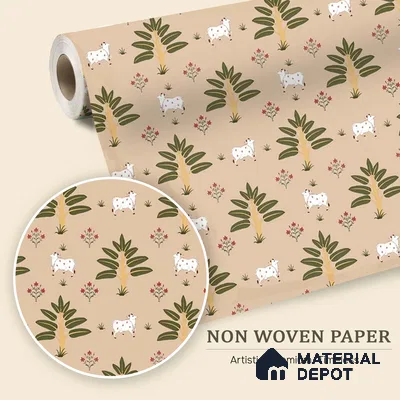 Ethnic Pichwai Cow Wallpaper Amidst Lush Banana Trees and Sacred Harmony | WP 05252 B Non Woven | 150 GSM WP01MTF Paper | (MOQ = 30 Sq. Ft.)