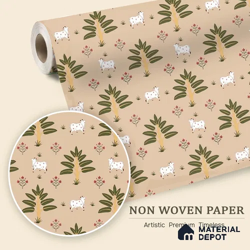 Ethnic Pichwai Cow Wallpaper Amidst Lush Banana Trees and Sacred Harmony | WP 05252 B Non Woven | 150 GSM WP01MTF Paper | (MOQ = 30 Sq. Ft.)